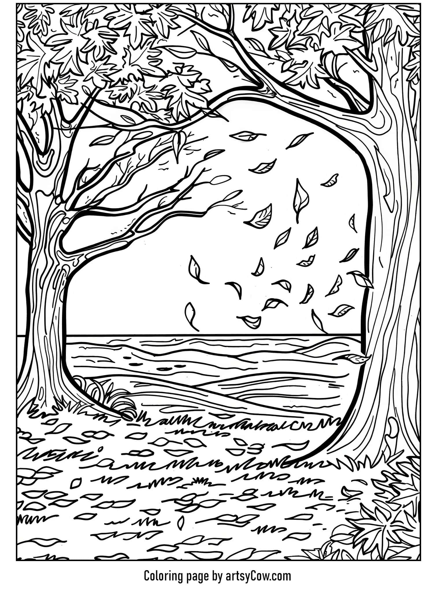 a tree bending in the wind with falling leaves and a serene lake backdrop